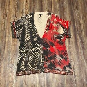 Luisa Cerano Sweater Women's 14 Cardigan Abstract V Neck Button Front Sequence